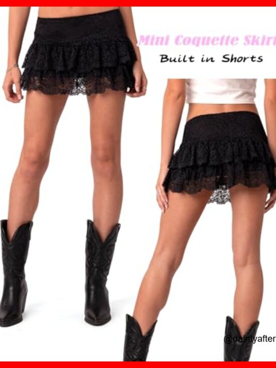 Polyester Spandex Sheer Lace Ruffle Mini Skirt Low Rise Y2K Vintage - Picture 2 of 4